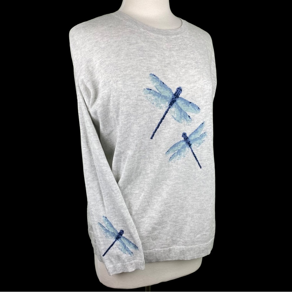 J Jill Sweater Dragonfly Graphics Pullover Gray Long Sleeves Oversized Medium